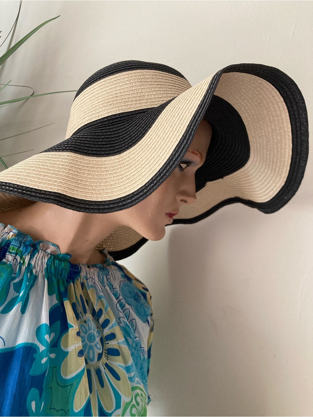 Serra Black and Natural Wide Brim Straw Sun Beach Hat
